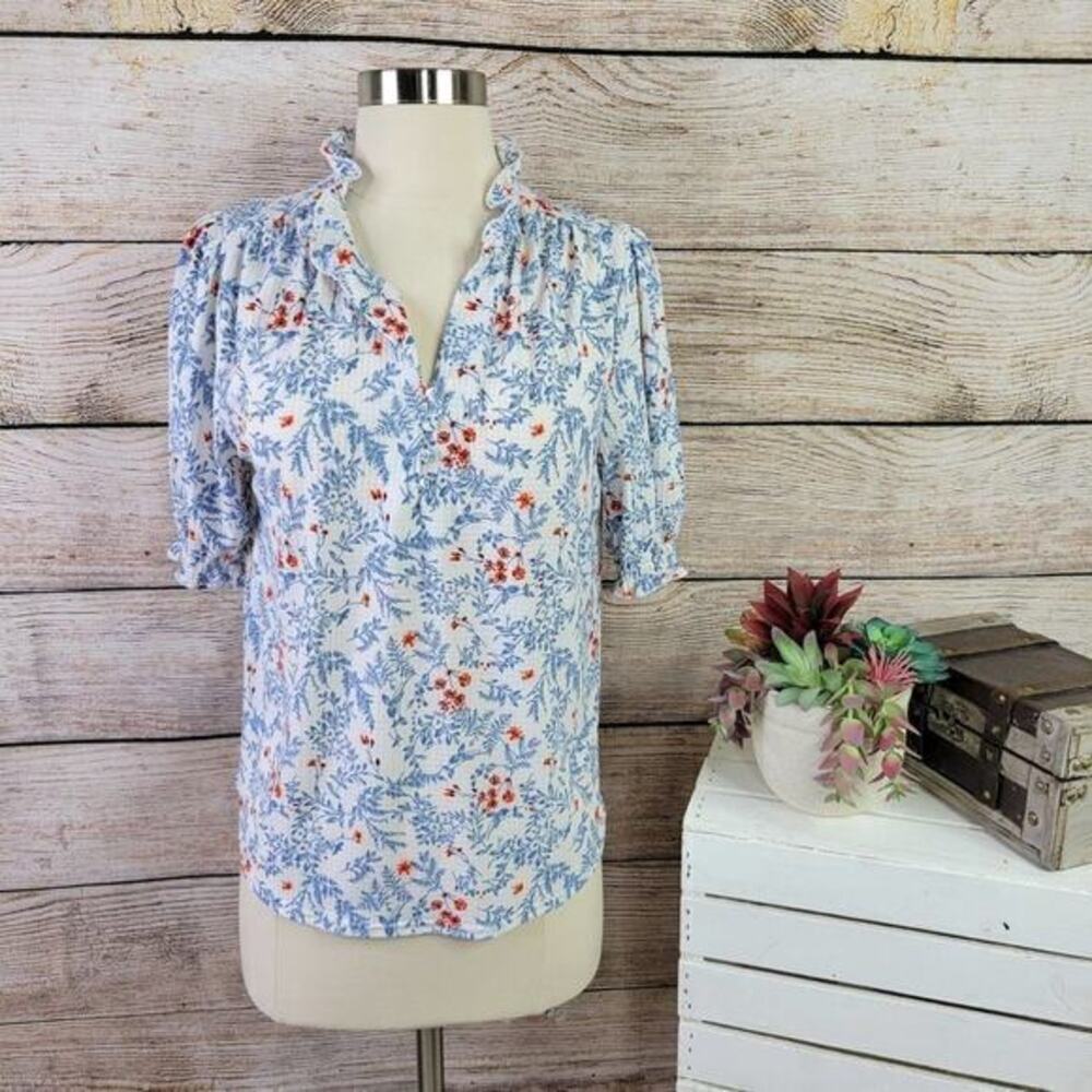 Melloday V-Neck Button Front Ruffle Sleeve Top Size Small